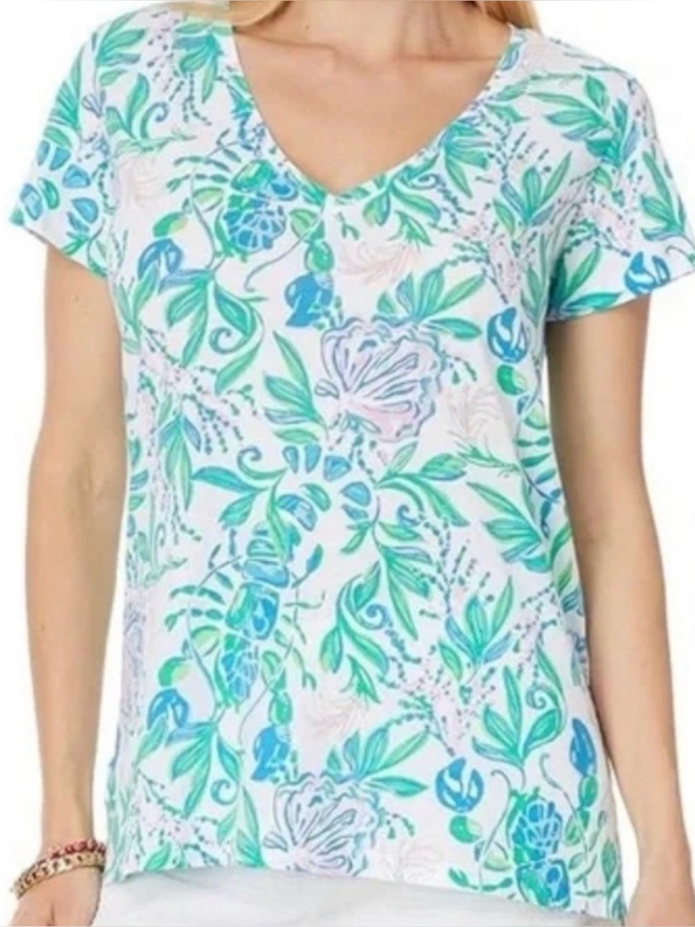 Lilly Pulitzer Meredith Tee XXL Floral V-Neck Blue Green Pink